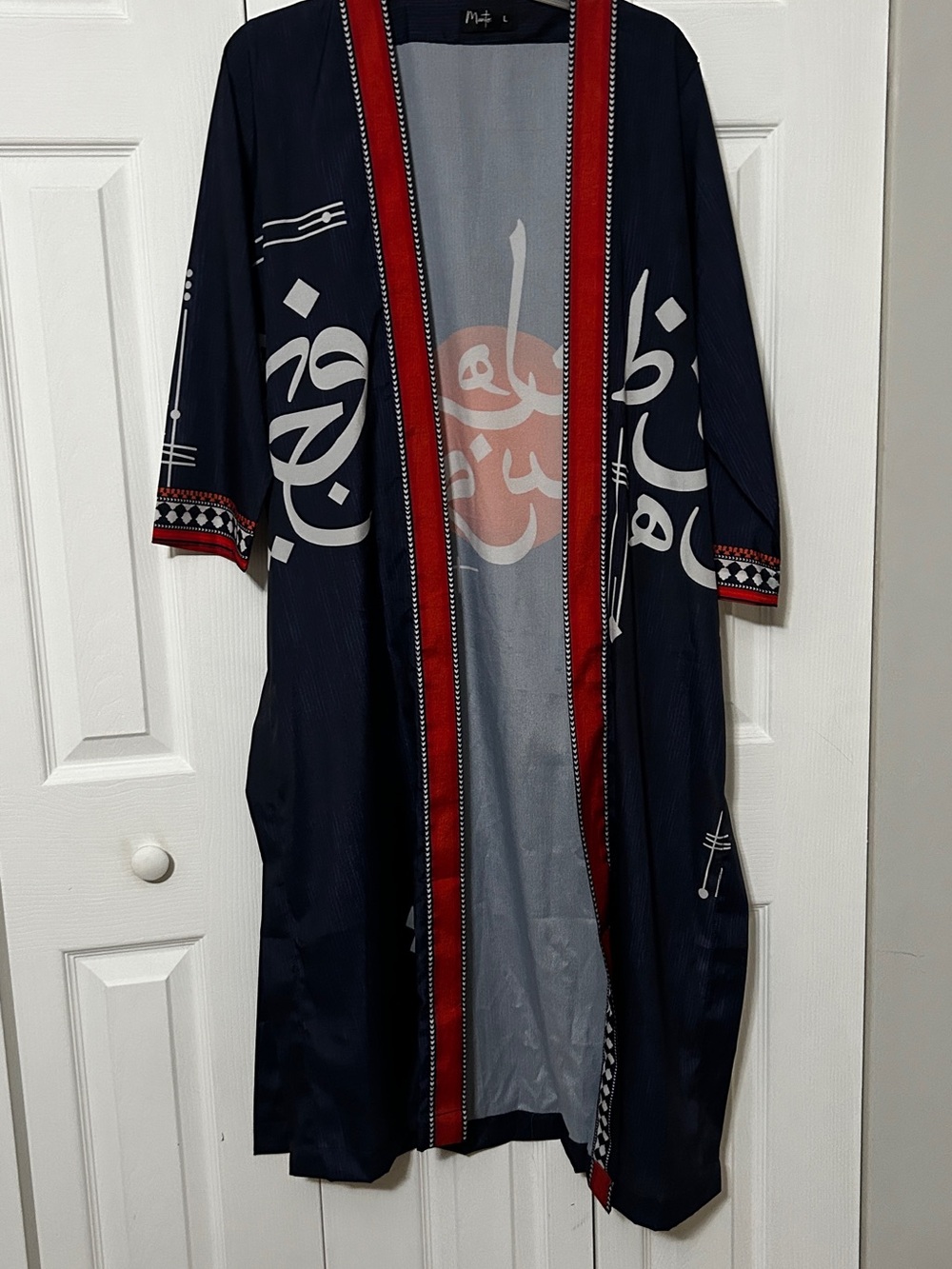 Women Navy Open-Front Coatigan with Red Trim